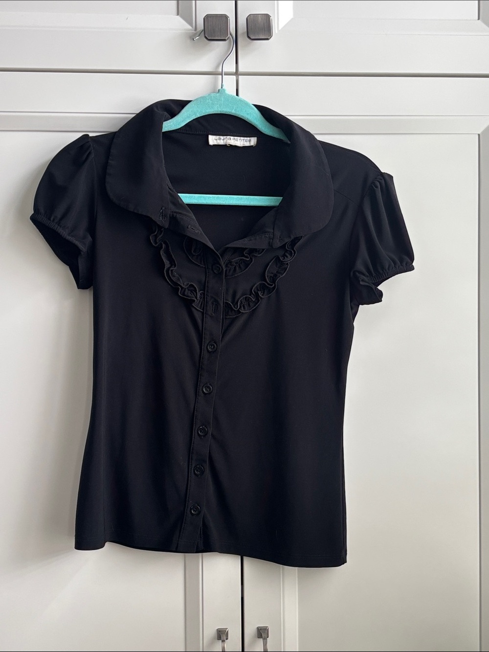 Black Short-Sleeve Ruffle-Trim Button Blouse